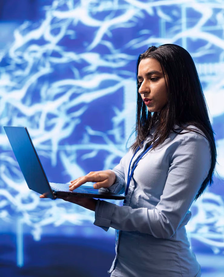 woman modern lab using notebook coding
